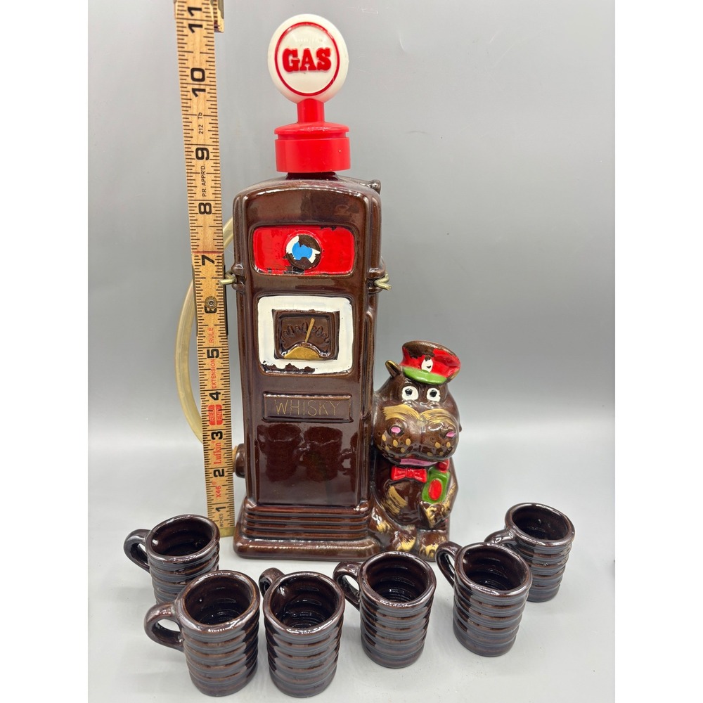 Vtg Gas‎ Pump Whiskey Decanter Set Ceramic Hippo Attendant 6 Shot Glasses EMPTY
